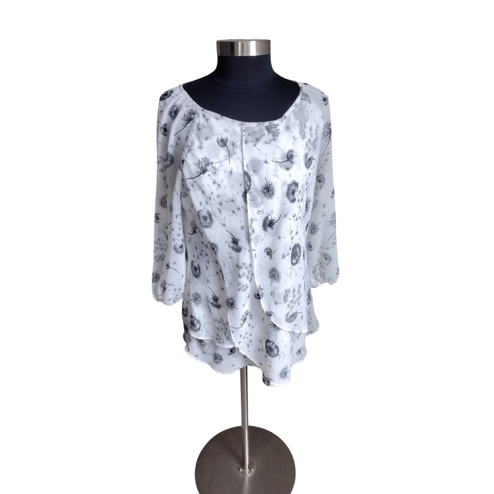 Roz & Ali Whimsical Black Dandelion Print White Blouse Tunic Top Size Large